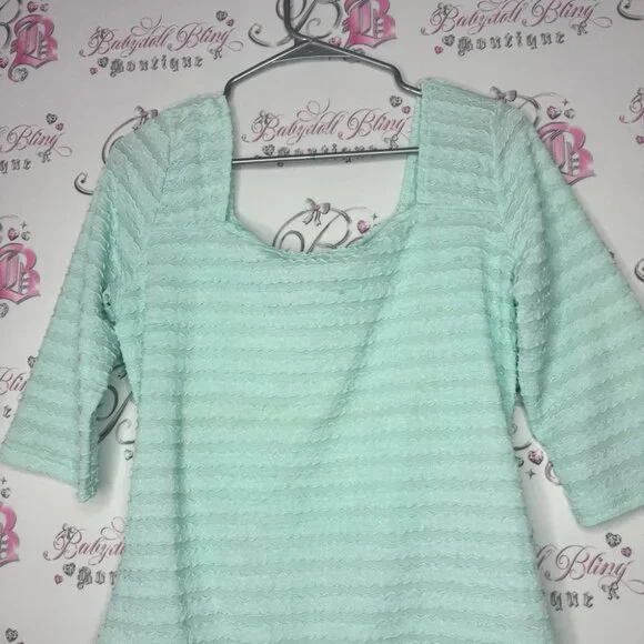 Tropical summer top 3d ruffle frilly square neckline stretchy aqua blue comfy - Picture 2 of 8